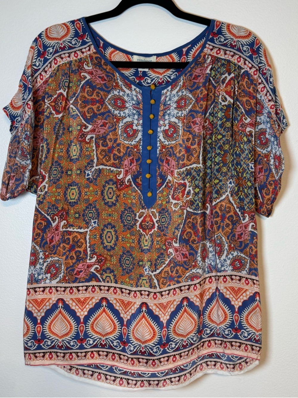 Sundance Island Medallion Scarf Tunic Top Medium Viscose Multicolored Blue